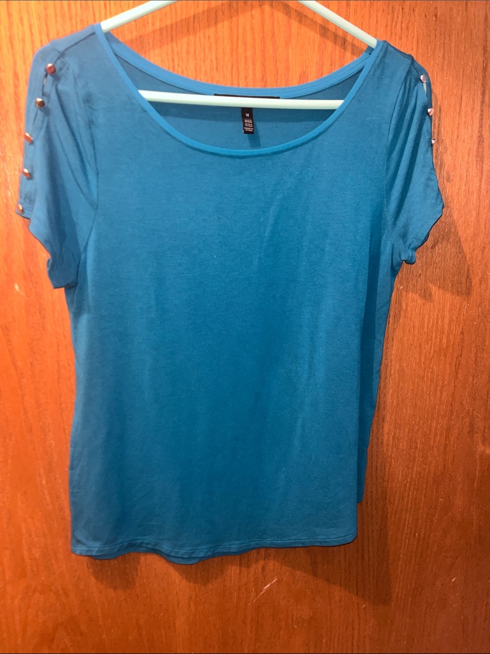 White House Black Market Teal Short Sleeve Scoop Neck Top with Shoulder Buttons